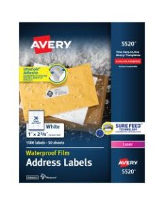 Avery WeatherProof Laser Address Labels With TrueBlock Technology, 5520, 1in x 2 5/8in, White, Pack Of 1,500
