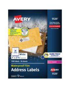 Avery WeatherProof Laser Address Labels With TrueBlock Technology, 5520, 1in x 2 5/8in, White, Pack Of 1,500