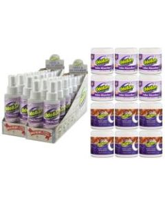OdoBan Odor Eliminator Disinfectant Spray Bottles And Solid Odor Absorbers, Lavender And Vapor Moon Scents, 4 Oz Bottles/14 Oz Jars, Case Of 32 Bottles And Case Of 12 Jars