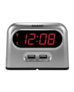 Sharp Digital Alarm Clock With USB Charging, 3-7/16inH x 4-11/16inW x 2-1/4inD, Silver