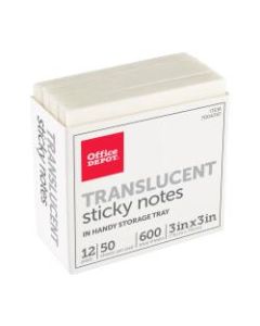 Office Depot Brand Translucent Sticky Notes, With Storage Tray, 3in x 3in, Clear, 50 Notes Per Pad, Pack Of 12 Pads