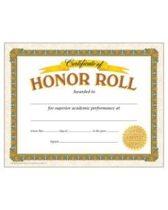 TREND Certificates, Honor Roll, 8 1/2in x 11in, Gold/White, Pre-K - Grade 12, Pack Of 30