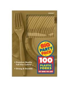 Amscan Big Party Pack Midweight Plastic Forks, 7in, Gold, 100 Forks Per Box, Pack Of 2 Boxes