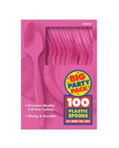 Amscan Big Party Pack Midweight Plastic Spoons, 7in, Bright Pink, 100 Spoons Per Box, Pack Of 2 Boxes