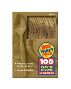 Amscan Big Party Pack Midweight Plastic Spoons, 7in, Gold, 100 Spoons Per Box, Pack Of 2 Boxes