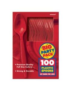 Amscan Big Party Pack Midweight Plastic Spoons, 7in, Red, 100 Spoons Per Box, Pack Of 2 Boxes