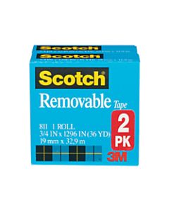 Scotch Magic 811 Removable Tape, 3/4in x 1296in, Clear, Pack of 2 rolls