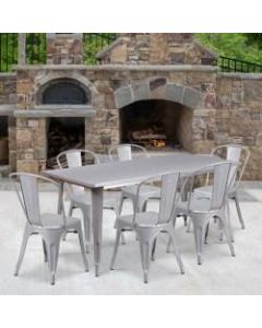 Flash Furniture Commercial-Grade Rectangular Metal Table Set With 6 Stack Chairs, 29-1/2inH x 31-1/2inW x 63inD, Silver