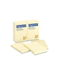 Highland Self-stick Lined Notes - 1200 - 4in x 6in - Rectangle - 100 Sheets per Pad - Ruled - Yellow - Paper - Self-adhesive - 12 Pad