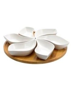 Elama Signature Modern 7-Piece Lazy Susan Server Set, 13-1/2in, White/Bamboo