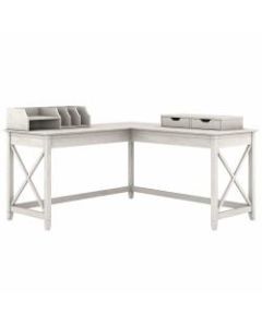 Bush Furniture Key West 60inW L-Shaped Desk With Desktop Organizers, Linen White Oak, Standard Delivery