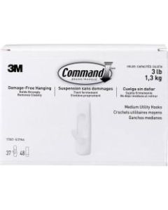 3M Command Utility Hooks, Medium, 5-5/8in x 3-13/16in x 5-1/8in, White, Box Of 37 Hooks