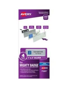 Avery The Mighty Badge Magnetic Badges For Inkjet Printers, 1in x 3in, Silver, Pack Of 4 Badges