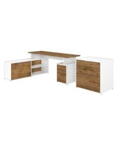 Bush Business Furniture Jamestown L-Shaped Desk With Drawers And Lateral File Cabinet, 72inW, Fresh Walnut/White, Premium Installation