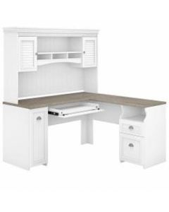 Bush Furniture Fairview 60inW L-Shaped Desk With Hutch, Shiplap Gray/Pure White, Standard Delivery