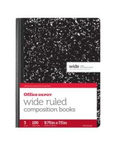 Office Depot Brand Marble Composition Book, 7 1/2in x 9 3/4in, Wide Ruled, 100 Sheets, Black/White, Pack of 3