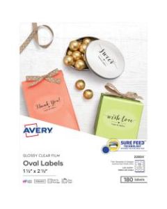 Avery Glossy Clear Oval Labels, Sure Feed Technology, Print to the Edge, Laser/Inkjet, 1-1/2in x 2-1/2in, 180 Labels (22854)
