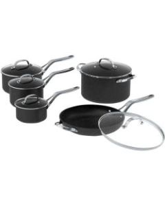 Starfrit The Rock 10-Piece Cookware Set with Stainless Steel Handles - 1 quart Saucepan, 2 quart Saucepan, 3 quart Saucepan, 6 quart Saucepan, Lid, 11in Diameter Frying Pan - Forged Aluminum Base, Steel Handle - Cooking, Frying - Dishwasher Safe - Black
