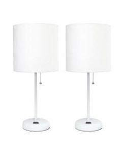 LimeLights Stick Desktop Lamps With Charging Outlets, 19-1/2in, White Shade/White Base, Set Of 2 Lamps