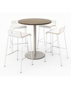 KFI Studios Round Bistro Pedestal Table With 4 Stacking Bar Stools, Studio Teak/Natural