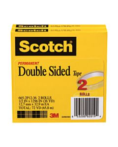 Scotch 665 Permanent Double-Sided Tape, 1/2in x 1,296in, Clear, Pack Of 2 Rolls