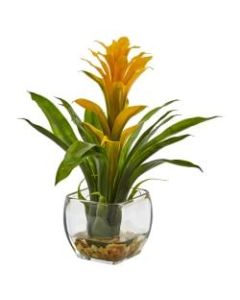 Nearly Natural 12inH Bromeliad Arrangement With Glass Vase, Yellow