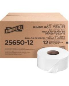 Genuine Joe 2-ply Jumbo Roll Dispenser Bath Tissue - 2 Ply - 3.30in x 650 ft - 8.63in Roll Diameter - White - Nonperforated, Unscented - 12 / Carton