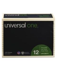 Universal Sticky Notes, Lined, 4in x 6in, 30% Recycled, Yellow, 100 Sheets Per Pad, Pack Of 12 Pads