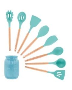 MegaChef 9-Piece Silicone And Wood Cooking Utensil Set, Light Teal