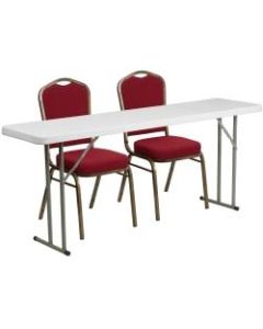 Flash Furniture Plastic Folding Training Table with 2 Crown-Back Stack Chairs, 29inH x 72inW x 18inD, Burgundy/White