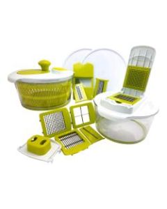 MegaChef 10-in-1 Multi-Use Salad Spinning Slicer, Dicer and Chopper with Interchangeable Blades and Storage Lids, Green
