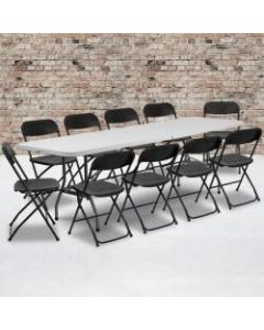 Flash Furniture Bi-Fold Plastic Event/Training Folding Table Set With 10 Folding Chairs, 29inH x 30inW x 96inD, Black