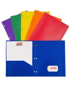 JAM Paper POP Plastic 3-Hole Punched 2-Pocket School Folders, 9-1/2in x 11-1/2in, Assorted Primary, Pack Of 6 Folders