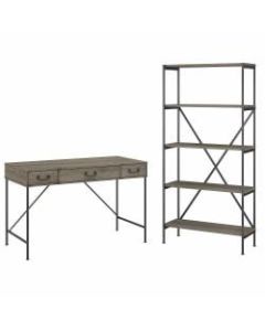 kathy ireland Home by Bush Furniture Ironworks 48inW Writing Desk With Drawers And 5-Shelf Etagere Bookcase, Restored Gray, Standard Delivery