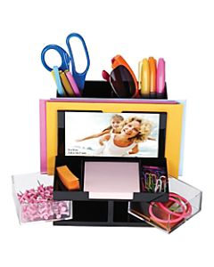 OIC VersaPlus Plastic 9-Compartment Desk Organizer, 5 1/2inH x 6 1/4inW x 6 5/16inD, Black/Clear