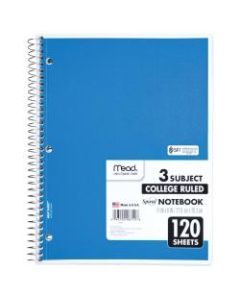 Mead 3 - Subject Wirebound College Ruled Notebooks - Letter - 120 Sheets - Spiral - 8 1/2in x 11in - White Paper - Back Board - 1Each