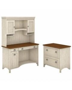 Bush Furniture Fairview Computer Desk With Hutch And 2 Drawer Lateral File Cabinet, Antique White/Tea Maple, Standard Delivery