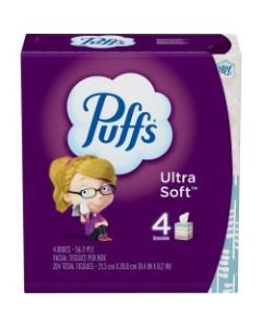 Puffs Ultra-Soft 2-Ply Facial Tissues, White, 56 Tissues Per Cube, Pack Of 4 Cubes