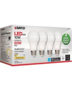 Satco 10W A19 LED 2700K Frosted Bulbs - 10 W - 60 W Incandescent Equivalent Wattage - 120 V AC - 800 lm - A19 Size - Warm White Light Color - E26 Base - 15000 Hour - 4400.3 deg.F (2426.8 deg.C) Color Temperature - 93 CRI - 220 deg. Beam Angle - 4 / Pack