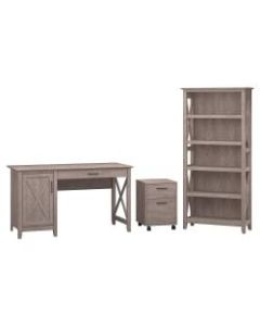 Bush Furniture Key West 54inW Computer Desk With Storage, 2 Drawer Mobile File Cabinet And 5 Shelf Bookcase, Washed Gray, Standard Delivery