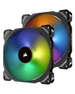 Corsair ML140 PRO RGB Cooling Fan - 2 Pack - 5.51in Maximum Fan Diameter - 414.4 gal/min Maximum Airflow - 1200 rpm - 20.4 dB(A) Noise - Magnetic Levitation - 4-pin PWM - RGB LED - Plastic - 2 pc(s) - Retail - Case