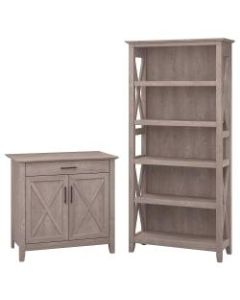 Bush Furniture Key West Laptop Storage Desk Credenza With 5 Shelf Bookcase, Washed Gray, Standard Delivery
