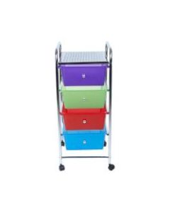 Mind Reader Plastic 4-Drawer Storage Trolley Utility Cart, 30 1/4inH x 12 1/2inW x 14 1/4inD, Multicolor