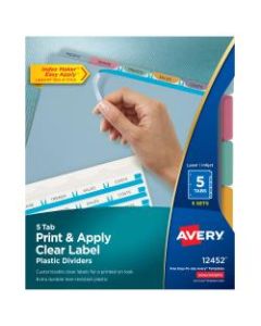 Avery Print & Apply Clear Label Translucent Plastic Dividers with Index Maker Easy Apply Printable Label Strip, 5 Multicolor Tabs, Pack Of 5 Sets