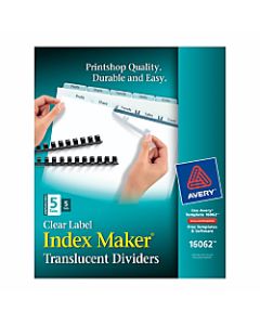 Avery Print & Apply Clear Label Translucent Plastic Dividers with Index Maker Easy Apply Printable Label Strip, Unpunched, 5 Frosted Clear Tabs, Pack Of 5 Sets