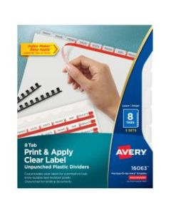 Avery Print & Apply Clear Label Translucent Plastic Dividers with Index Maker Easy Apply Printable Label Strip, Unpunched, 8 Frosted Clear Tabs, Pack Of 5 Sets