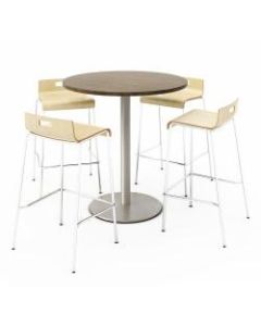 KFI Studios Round Bistro Pedestal Table With 4 Stacking Bar Stools, Studio Teak/White