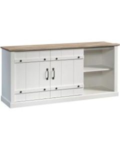 Sauder Select Farmhouse Entertainment Credenza With Sliding Doors For 70in TVs, Soft White/Lintel Oak