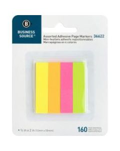 Business Source Removable Page Markers - 40 x Yellow, 40 x Green, 40 x Pink, 40 x Orange - 0.75in x 2in - Rectangle - Assorted - Removable, Repositionable, Self-adhesive - 4 / Pack