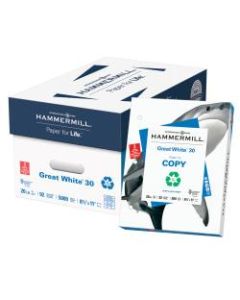 Hammermill Great White Copy Paper, 3-Hole Punched, Letter Size (8 1/2in x 11in), 20 Lb, 30% Recycled, Ream Of 500 Sheets, Case Of 10 Reams